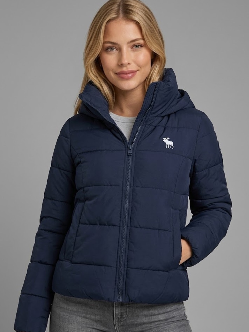 Abercrombie & Fitch Navy Quilted Puffer Jacket with Hood